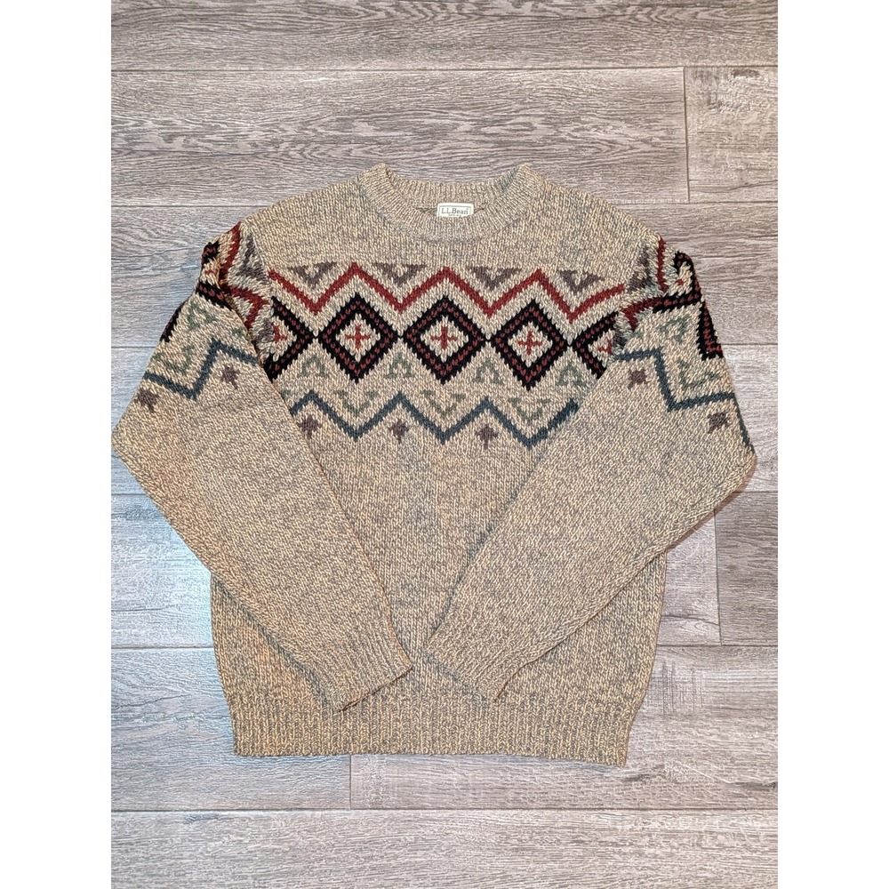 LL Bean Mens Lambswool Fair Isle Sweater Small Oatmeal Geometric Crewneck 0WW18